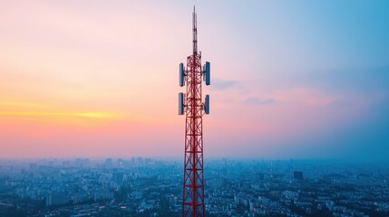 Sunset View of a Communication Tower Overlooking a Cityscape with Colorful Sky Gradients and Urban Horizon