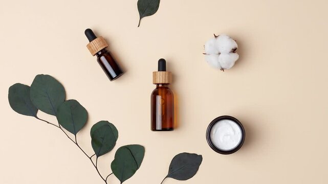 Cosmetic skin care products with and eucalyptus on pastel beige background. Flat lay