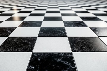 A closeup photograph of a checkered black and white floor