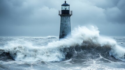 Obraz premium A lighthouse standing resilient against crashing waves and stormy skies, symbolizing hope and stability in turbulent maritime conditions