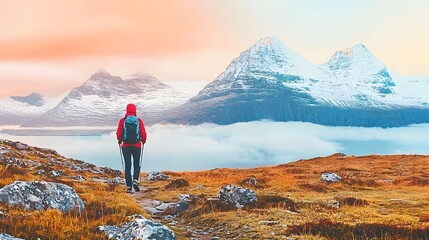 Fototapeta premium A solo hiker stands on a rocky overlook gazing out at the majestic snow capped peaks of a remote mountain range shrouded in a sea of clouds at sunrise