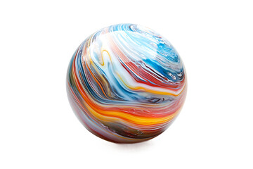 Close up of a colorful swirl patterned sphere with blue red orange and white on a black background