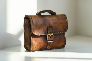 A rustic brown leather satchel bag with a brass buckle, showcasing vintage appeal.