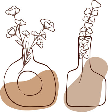 Minimalistic line art ceramic pots with leaves