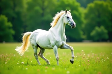 Fototapeta premium Majestic white stallion prancing in a lush meadow, wildflowers, white horse