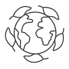 Planet earth and leaves around thin line icon, culinary cooking concept. Vector graphics. World globe with leaf round branch sign on white background, outline style icon for mobile or web design.