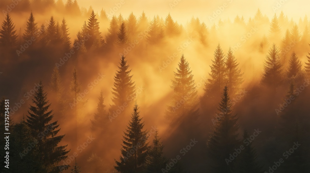 Poster a misty pine forest at dawn, with golden light filtering through
