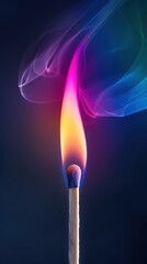 A vibrant matchstick igniting with colorful smoke