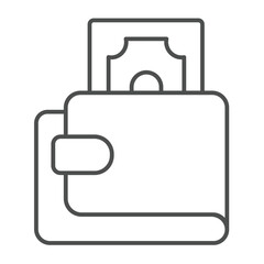 Wallet with banknote thin line icon, charity concept. Vector graphics. money in leather purse, donation sign on white background, outline style icon for mobile or web design.