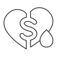 Dollar on heart and drop of blood thin line icon, charity concept. Vector graphics. Blood donation sign on white background, outline style icon for mobile or web design.