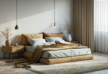 Contemporary bedroom interior. Cozy home room with stylish furniture and contemporary decorations, comfortable apartment with bed decor with plaid and pillows, lamp and plants