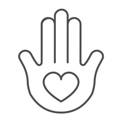 Human palm and heart shape thin line icon, charity concept. Vector graphics. Hamsa amulet, hand of fatima, hand of miriam sign on white background, outline style icon for mobile or web design.
