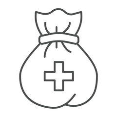 Bag and medical cross thin line icon, charity concept. Vector graphics. Cloth sack with cross, donation sign on white background, outline style icon for mobile or web design.