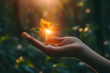 A glowing sapling in a hand in a forest, symbolizing new beginnings, care, growth, and nature’s vitality.