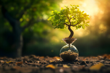 A small tree growing inside an hourglass, representing time, growth, sustainability, and the balance of nature.