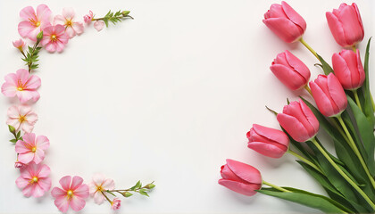 Fototapeta premium Tulips on white background. Flowers bouquet for women's day, mother's day, valentine's day holiday celebration. Top view, flat lay with copy space. Floral greeting card