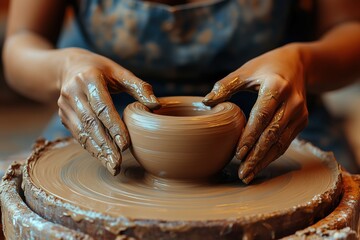 Creating a pottery bowl on a wheel in a cozy studio during a morning class