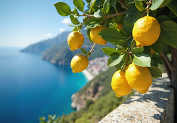 Lemon tree on Italy background. Organic citrus fruits on branch, ripe yellow lemons foliage, summer garden with fresh lemons and leaves
