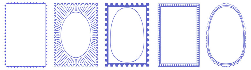 Stamp or letter mark inspired frames for greeting cards, wedding and birthday party, picnic invitations in marine sea coastal style. Hand drawn ornament borders for social media decoration template.