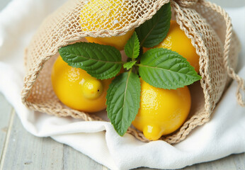 Lemons in grocery mesh bag. Fresh lemon fruits and mint herbs in eco string shopping bag, yellow citrus in handbag, organic ingredients for lemonade. Zero waste and healthy diet concept