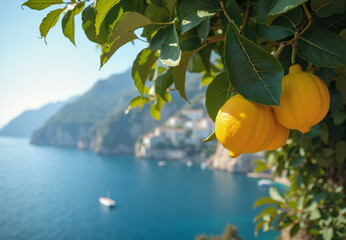 Lemon tree in garden. Mediterranean landscape with ripe yellow lemons on branches, summer travel to Amalfi coast, agriculture concept. Organic fresh lemons ready to harvest