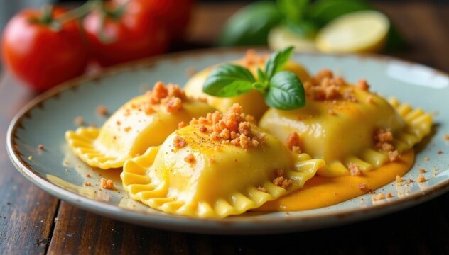 Ravioli with creamy cheesy sauce and crispy topping on baking sheet, dish, ravioli, muzzarella
