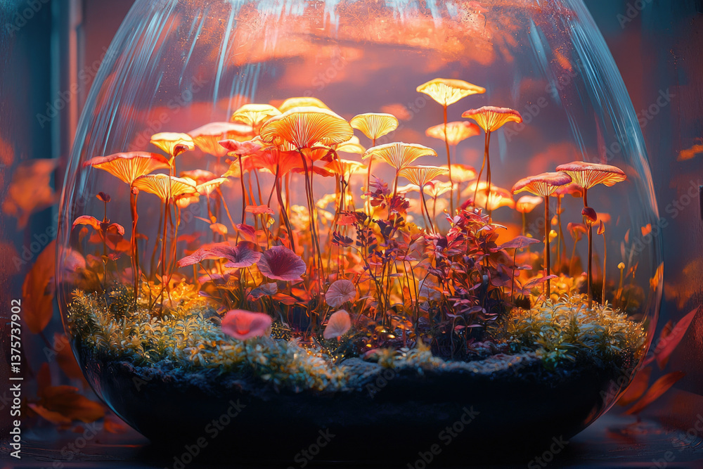 Poster glowing orange mushrooms and red plants in a glass terrarium, illuminated from within, creating a ma