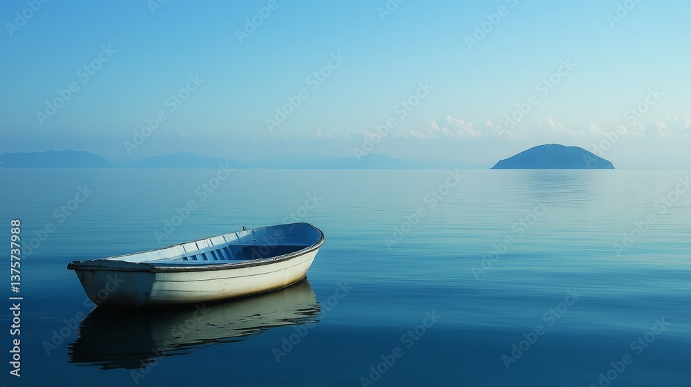 Poster A rowboat floating in a vast, glassy sea with a distant island in view