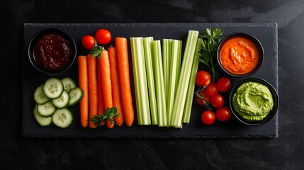 Colorful vegetable platter with fresh dips arranged on a dark stone board