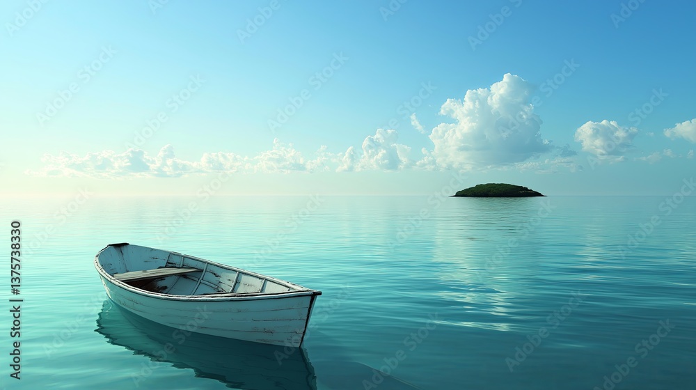 Poster a rowboat floating in a vast, glassy sea with a distant island in view