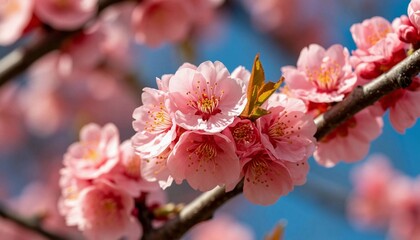 Fototapeta premium Close-up of a blooming peach branch against a blue sky, bright spring colors, the beauty of nature