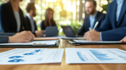 Group of business professionals in suits working around conference table with visible charts and reports in office setting. Concept of teamwork, corporate strategy and financial analysis.