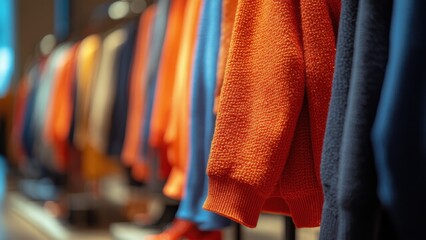 A vibrant display of colorful sweaters hanging in a modern retail store, showcasing fashion trends in a stylish environment