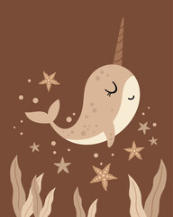 Poster with boho narwhal, starfish, seaweed. Baby card, hand drawn vector illustration in flat style © JulzaArt