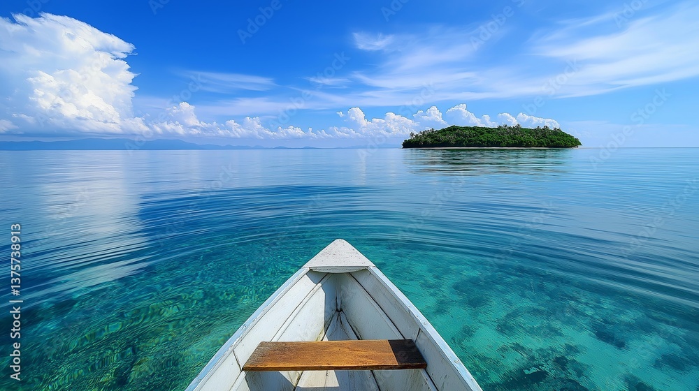 Aufkleber A rowboat floating in a vast, glassy sea with a distant island in view