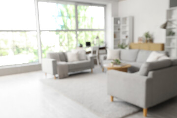 Blurred view of light living room with grey sofas, coffee table and plants