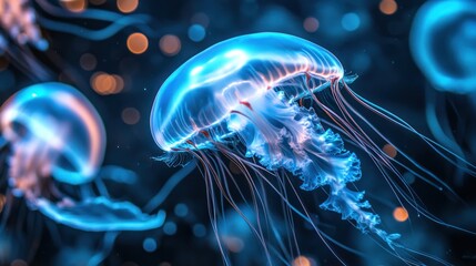 Obraz premium Beautiful jellyfish drifting gracefully through a deep ocean environment