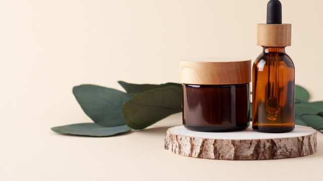 Skin care products on pastel beige background with eucalyptus, wood. Close up, copy space.