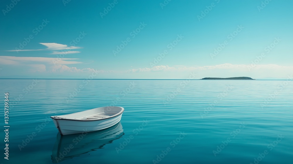 Poster A rowboat floating in a vast, glassy sea with a distant island in view