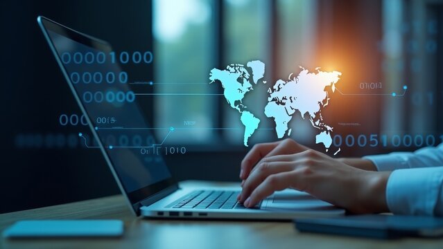 Global Network Technology on Laptop Screen - Powered by Adobe