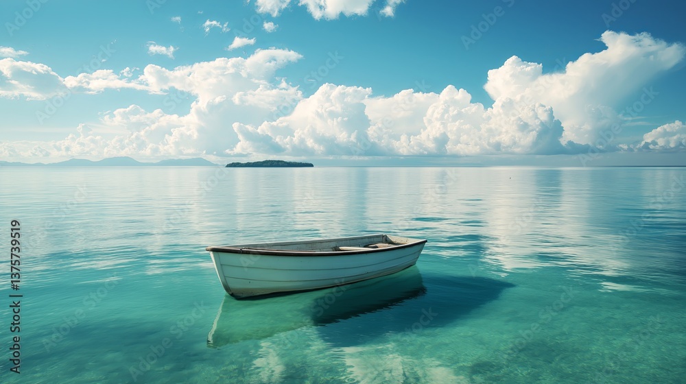 Poster A rowboat floating in a vast, glassy sea with a distant island in view