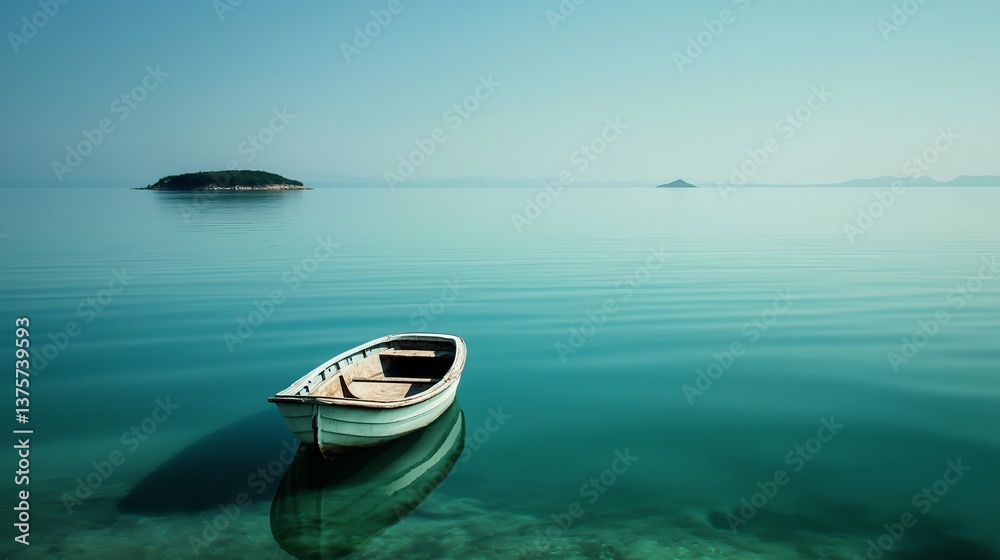 Poster A rowboat floating in a vast, glassy sea with a distant island in view