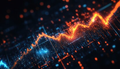 Dynamic data visualization of fluctuating market trends.  Intensely colored, glowing line graph illustrating a volatile market, displaying a complex web of digital data