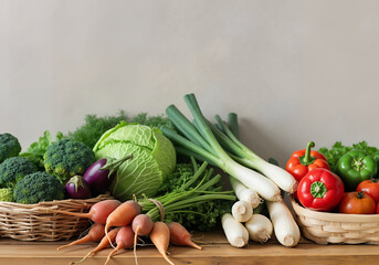 Fresh vegetables lying on wooden tabletop, savoy cabbage, spring onion, carrots, broccoli, aubergine, peppers and tomatoes