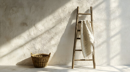 Rustic interior: ladder, basket, and throw against textured wall illuminated by sunlight and shadows.