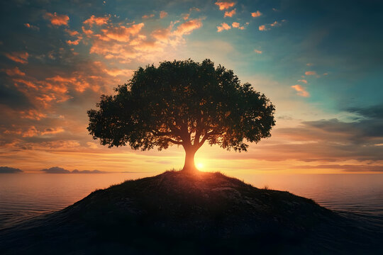 Miniature scene of a small figure standing near a young tree atop a rocky mound, surrounded by dreamy bokeh. Concept of perspective and growth.