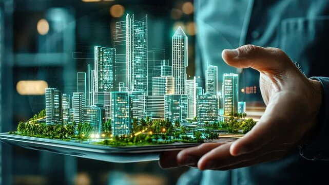 A visionary architect presenting a floating city concept, using holographic 3D models to illustrate the future of sustainable living.