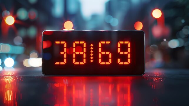 A digital clock with a red display is placed on a reflective surface with a blurred background of city lights.