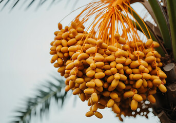 Close up of ripe yellow dates hanging from a date palm tree, ready for harvest