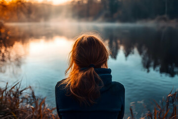 A woman gazes at a calm lake during sunset, surrounded by nature’s tranquility, reflecting peace and introspection.